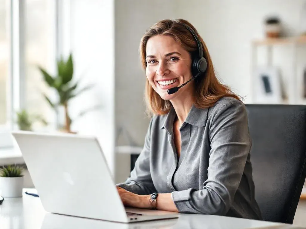 A friendly support specialist wearing a headset, smiling at a desk with a laptop